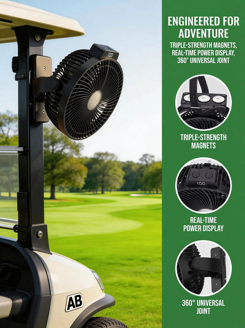 Beast Magnetic Golf Cart Fan With Heavy Duty Strap And 8 Inch Blade 24000mAh Battery Operated on golf cart in park