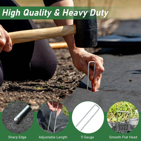Installing Heavy Duty 6 Inch Landscape Staples 25 Pack, 11 Gauge Galvanized U Shaped Pins for sod anchoring.