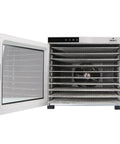 Heavy Duty Food Dehydrator With Digital Thermostat And Set It Forget It Timer Six Grease Resistant Stainless Steel Trays 650 Watt Quick Dry Motor For Even Heat Distribution Ideal For Batch Cooking Jerky Meals At Home, open front view showing metal trays and digital controls.