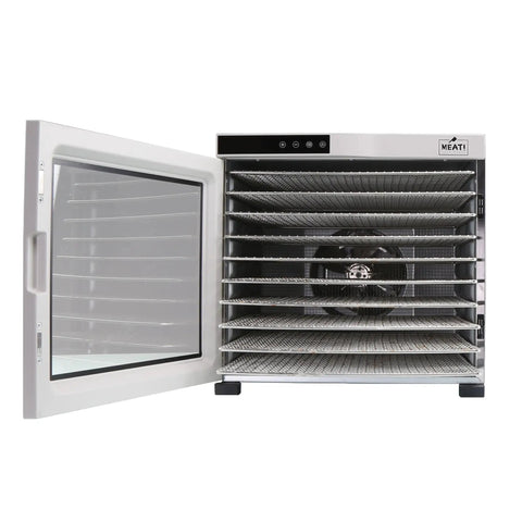 Heavy Duty Food Dehydrator With Digital Thermostat And Set It Forget It Timer Six Grease Resistant Stainless Steel Trays 650 Watt Quick Dry Motor For Even Heat Distribution Ideal For Batch Cooking Jerky Meals At Home, open front view showing metal trays and digital controls.