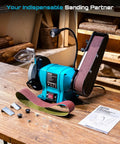Beefed Up 2X27 Belt Sanding Station Combined With A 6 Inch Grinding Wheel Making This 2.5 Amp Bench Combo Tool on wooden table.