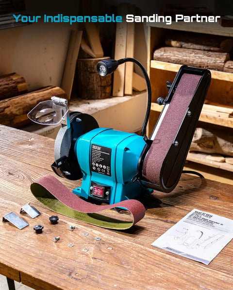Beefed Up 2X27 Belt Sanding Station Combined With A 6 Inch Grinding Wheel Making This 2.5 Amp Bench Combo Tool on wooden table.