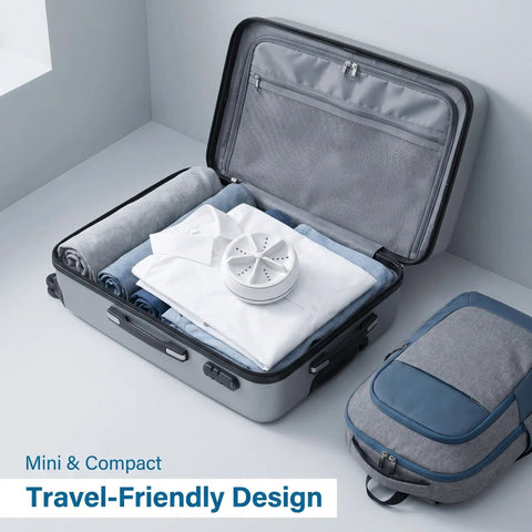 Portable Mini Ultrasonic Washing Machine For Everyday Laundry And Kitchen Prep This Compact Auto Cycle Device is shown packed in a travel suitcase.
