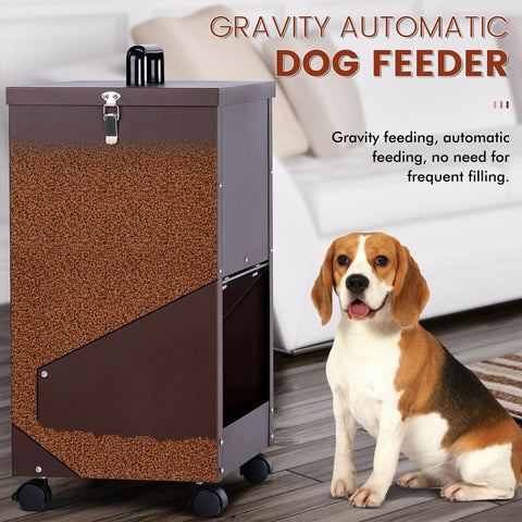 Rock Solid Gravity Dog Food Dispenser For Large Breed Pups 45 Lb Capacity Weather Resistant Galvanized Metal self feeding station with smooth rolling wheels and clear viewing window.