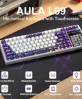 High End Wireless Mechanical Gaming Keyboard With Built In Smart Touchscreen Hub And Compact 96 Percent Design on a desk with colorful keys and touchscreen.