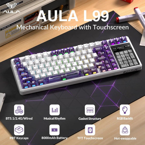 High End Wireless Mechanical Gaming Keyboard With Built In Smart Touchscreen Hub And Compact 96 Percent Design on a desk with colorful keys and touchscreen.