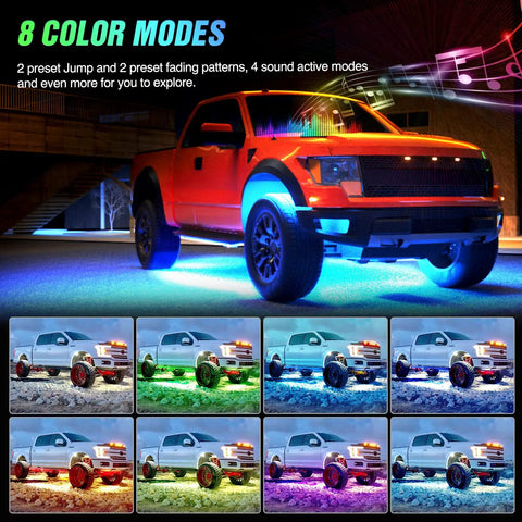 Dope Car Underglow Neon Accent Strip Lights With 252 LEDs RGB lighting on truck showing 8 color modes at night