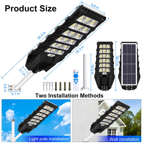 Beefy 600W Solar Street Light Outdoor IP65 Waterproof Ultra Bright 60000LM With 990 LEDs Motion Sensor and Remote, size guide