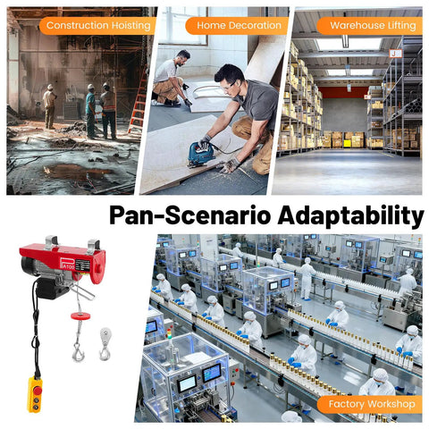 110 Volt Electric Hoist 220lbs Capacity With Remote Control And Wired Operation showcased in various applications like construction and factory use.