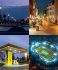 City street, gas station, and stadium at night with Ultra Bright 85W 480V LED Corn Light Bulbs creating bright, even illumination.