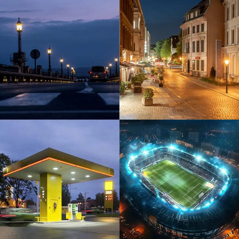City street, gas station, and stadium at night with Ultra Bright 85W 480V LED Corn Light Bulbs creating bright, even illumination.