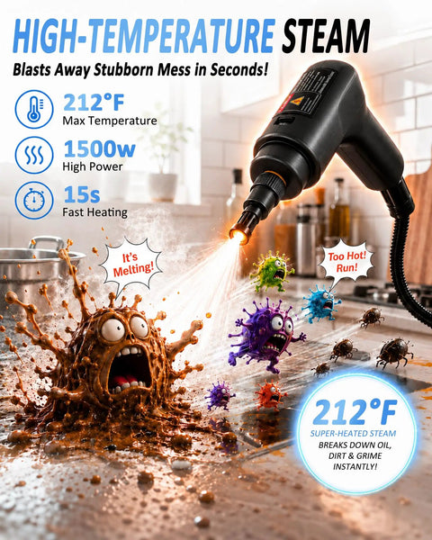 Quick 15 Second Heat Up Handheld Steam Cleaner With High Pressure For Deep Cleaning Grease And Grout Stains Without Harsh Chemicals Compact Portable Design demonstrating steam blasting away mess.
