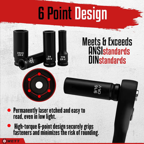 One Half Inch Drive Deep Impact Socket Set, 6 point design with laser-etched markings, includes sockets from 10mm to 24mm, 9/16 CR-V shown