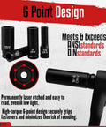 Three Eighth Inch Drive Impact Socket Set With Forty Eight Piece SAE And Metric Deep And Shallow Sockets Plus Three Inch And Six Inch Extension Bars Three Eighth Universal Joint And Three Eighth To One Half Inch Adapter Cr V Steel Six Point showing 6-point socket design and CR-V steel quality.