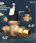 Front view: Zurn Wilkins NR3XL 1-1/4 in pressure reducing valve, brass body with double union FNPT