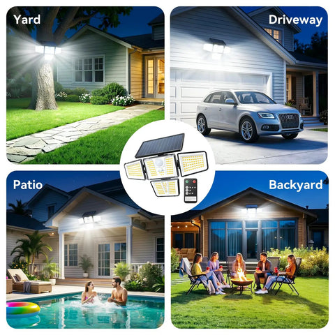 Super Bright Solar Flood Lights With Smart Motion Sensor And Remote Control 3600 Lumen Quad Adjustable Heads For Ultimate Yard Security No Sweat Weatherproof Outdoor Lighting Total Game Changer