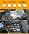 Before and after using the Overhead Vehicle Cargo Net With Three Pockets 31.5 X 21.6 Inch Roof Storage Mesh Organizer for cars.