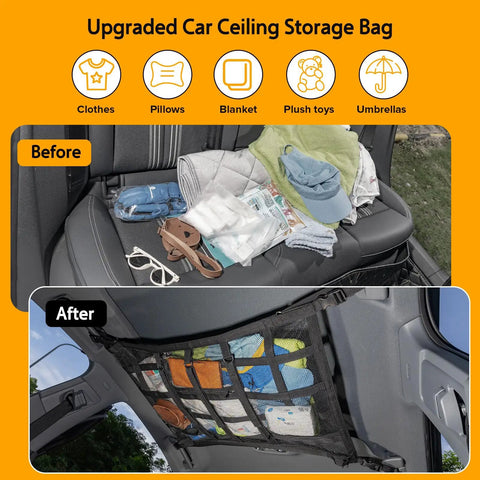 Before and after using the Overhead Vehicle Cargo Net With Three Pockets 31.5 X 21.6 Inch Roof Storage Mesh Organizer for cars.
