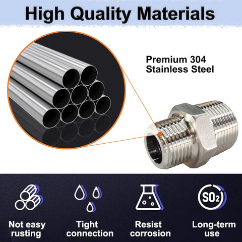 4 Pack 3/4 to 1/2 NPT Reducing Hex Nipples, 304 Stainless Steel, Heavy Duty Pipe Fittings displayed with material details and icons