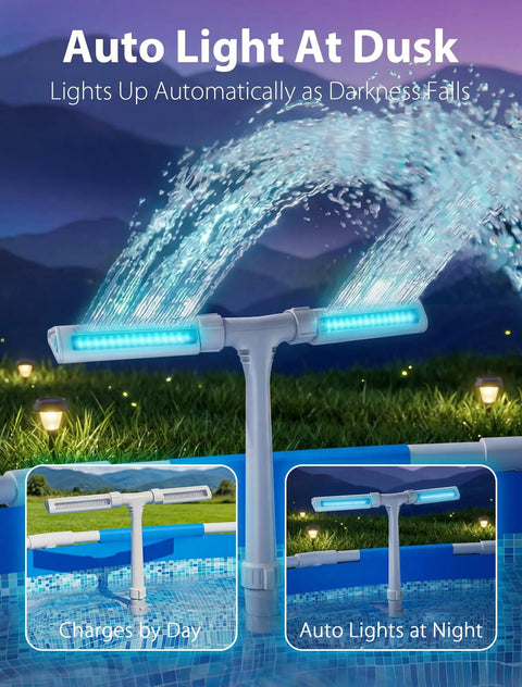 Solar Pool Fountain With Ten Color LED Lights And Four Lighting Modes, Dual Spray Waterfall Sprinkler at dusk in pool