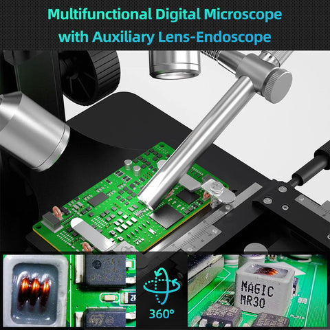 20X 5000X HDMI Digital Microscope With 5 Lenses, 2160P UHD Video, All In One Stereoscopic And Compound Lab Microscope For Coins Electronics Biology Soldering And Hobby Projects Handheld And Desktop Ready, viewing PCB