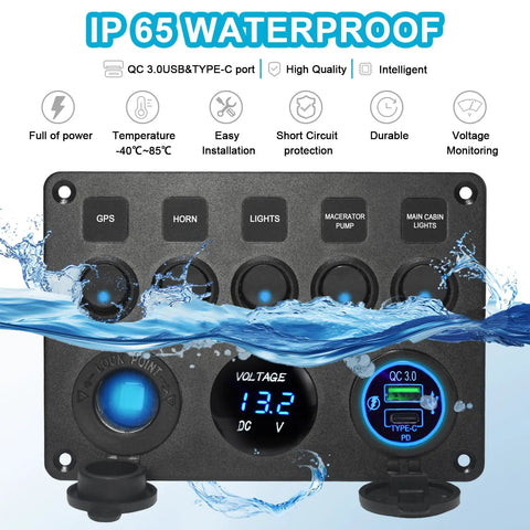 All In One 5 Gang Rocker Switch Panel With Type C And QC 3.0 USB Digital Voltmeter 12V Outlet Pre Wired With Circuit Breakers
