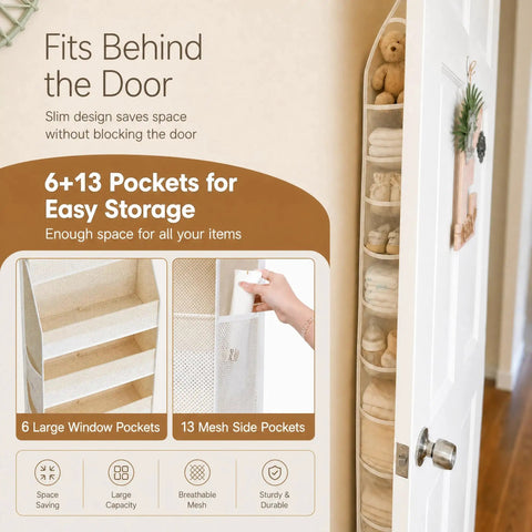 Real Deal Heavy Duty Over The Door Storage Rack With Six Tier Hanging Mesh Pockets crafted solid, showing 6 large and 13 mesh pockets for storage.