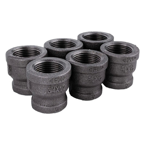Dope Reducing Coupling Three Quarters Inch To One Half Inch Pipe Decor Black Malleable Iron Fittings For DIY Vintage Industrial Pipe Furniture Build And Regular Plumbing Projects Six Pack Sturdy Construction, six black couplings
