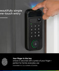 Top Shelf 3 In 1 Smart Lock With 2K Hdr Video Doorbell Camera featuring one-touch entry, keypad access, and a fingerprint sensor.