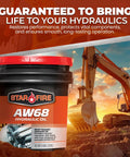 AW68 Hydraulic Oil 5 Gallon Pail For Heavy Duty Industrial And Mobile Equipment Workhorse With Premium Anti Wear Formula Anti Foam Rust And Oxidation Protection ISO 68 Hydraulic Fluid For High Pressure Systems next to excavator.