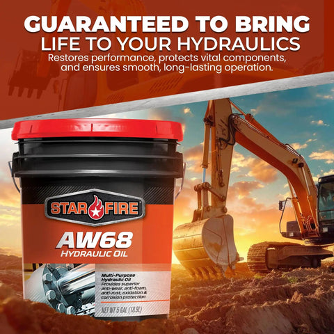AW68 Hydraulic Oil 5 Gallon Pail For Heavy Duty Industrial And Mobile Equipment Workhorse With Premium Anti Wear Formula Anti Foam Rust And Oxidation Protection ISO 68 Hydraulic Fluid For High Pressure Systems next to excavator.