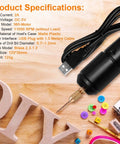 Pro Grade Electric Resin Drill Set Pin Vise Mini Hand Drill Kit with USB cable on wooden table with specs list