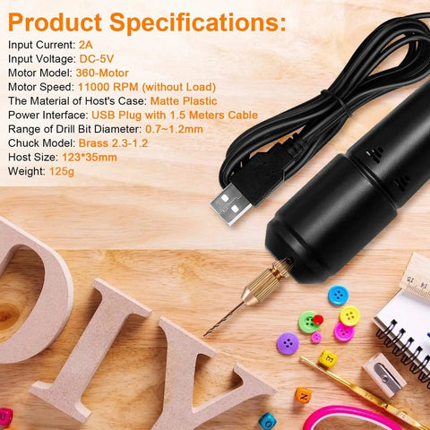 Pro Grade Electric Resin Drill Set Pin Vise Mini Hand Drill Kit with USB cable on wooden table with specs list