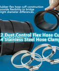 2 Pack 2.5 Inch Dust Control Flex Hose Cuff Connectors For Dust Collection Hose Fits 2-1/2 Inch Systems With 4 Stainless Steel Clamps Easy Snug Interchangeable Adapters For Your Dust Collection Setup shown with rubber cuffs and steel clamps.