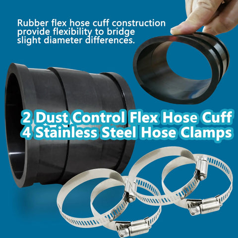 2 Pack 2.5 Inch Dust Control Flex Hose Cuff Connectors For Dust Collection Hose Fits 2-1/2 Inch Systems With 4 Stainless Steel Clamps Easy Snug Interchangeable Adapters For Your Dust Collection Setup shown with rubber cuffs and steel clamps.