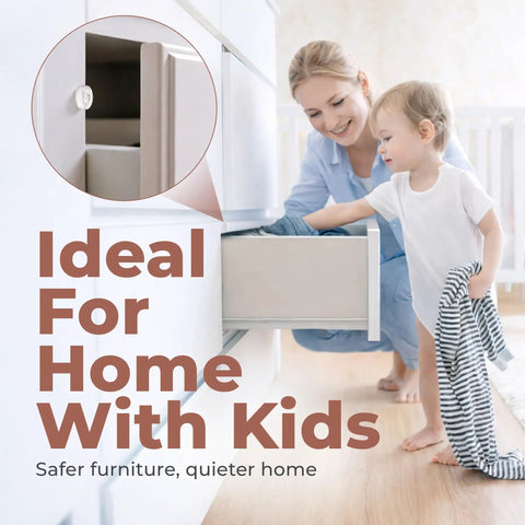 Clear Self Adhesive Cabinet Door Bumpers 128 Pack Heavy Duty Rubber Pads for safe, quiet use with kids, shown on drawer