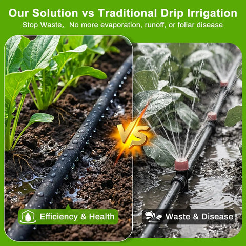230 Foot Drip Irrigation System With One Quarter Inch Soaker Hose And Weeping Technology on green plants and soil