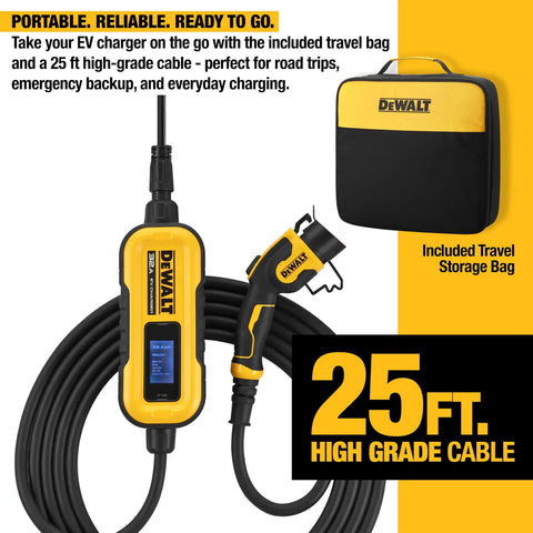 Beefy Level 2 EV Charger Delivers 32 Amp Up To 7.6 KW With A 25 Foot Cable For Indoor Outdoor Use SAE J1772 Compatible NEMA 5 15 And 14 50 Adapters Included CSA Certified Fast Home Charging shown with travel bag