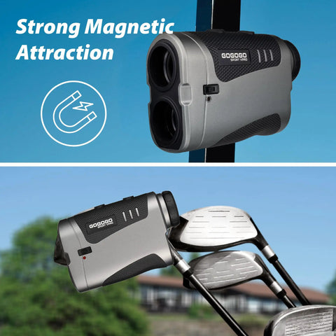 No-Brainer Pro Grade Golf Rangefinder With Slope Switch on magnetic stripe attached to golf bag