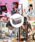 Filament Storage Box For 3D Printer With Reusable Desiccants displayed among people using 3D printers, promoting easy visibility and moisture control.