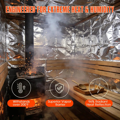 Pro Grade Sauna Foil Vapor Barrier Roll 500 Square Feet in steam room with aluminum foil lining, heat source, and wooden benches.