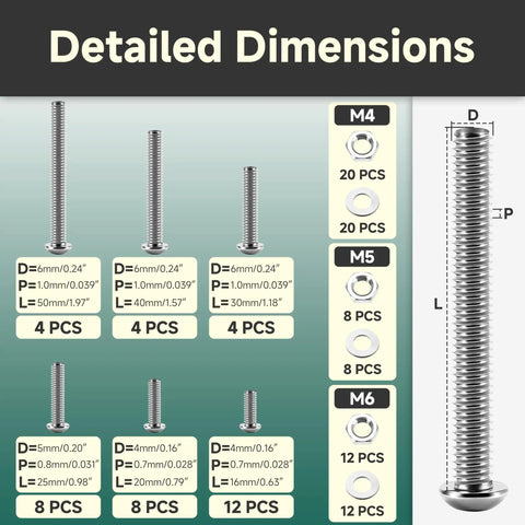 Detailed dimensions of screw sizes in DIY Ready Metric Screw Set 120 Pcs M4 M5 M6 Button Head Socket Cap Screws With Nuts And Washers.