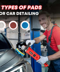 Person using 1600W Car Polisher with 7 inch and 6 inch heads, includes 6 foam pads and 3 wool pads, on vehicle