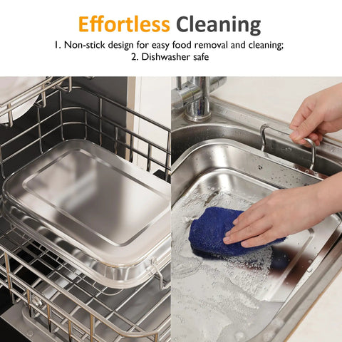 15.6 Inch Nonstick Stainless Steel Roasting Pan With V Shaped Rack, Rectangular Bake Pan, shown being cleaned and dishwasher safe
