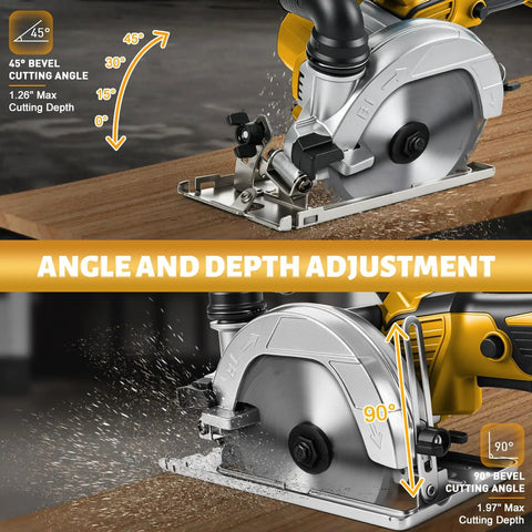 6 Inch Cordless Circular Saw Built For The Daily Grind With Brushless Motor Pure Copper Winding 6500 Rpm showcasing angle and depth adjustment features.