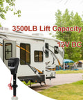 Electric trailer jack on RV tongue with 18-inch lift, 12V DC, jack pad