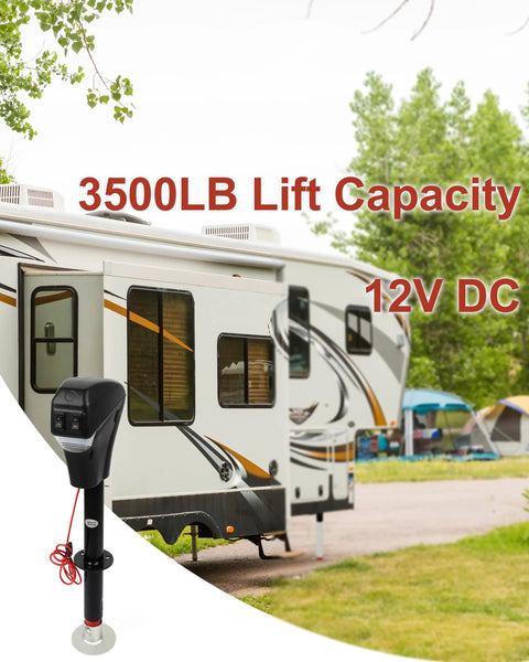 Electric trailer jack on RV tongue with 18-inch lift, 12V DC, jack pad