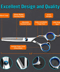 Diagram highlighting features of Stainless Steel Hair Cutting Scissors Thinning Shears 6.5 Inch with Japanese steel blades, adjustable tension.