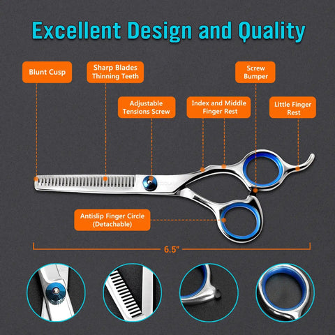 Diagram highlighting features of Stainless Steel Hair Cutting Scissors Thinning Shears 6.5 Inch with Japanese steel blades, adjustable tension.