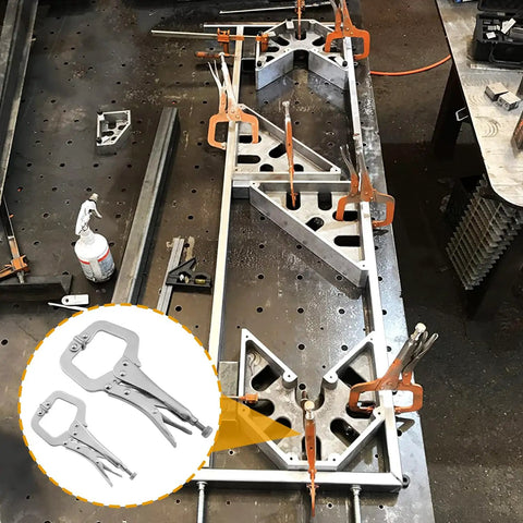 4 Pack 11 And 6 Inch C Clamp Locking Pliers With Swivel Pads used in woodworking setup on metal table